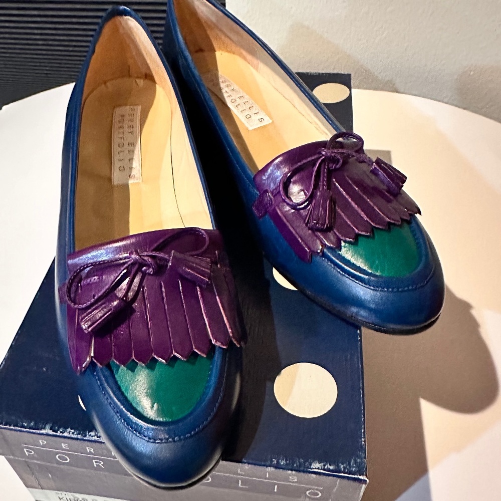 Perry Ellis Portfolio Tassel Loafers in Blue, Purple & Green New in Box - 7.5 B